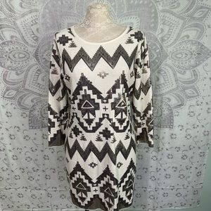 Nwt $138 Express Aztec Tribal Silver Sequin White Dress Long Sleeve Bodycon L